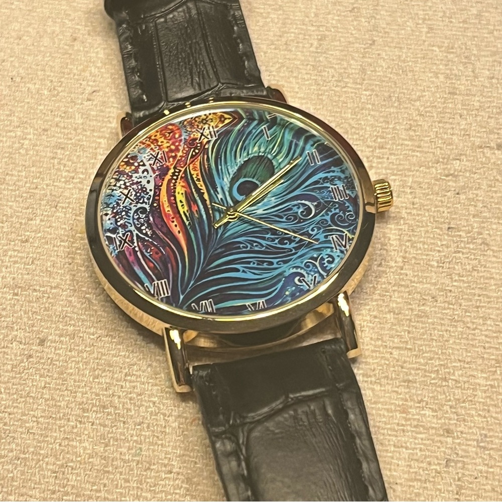 Colorful Artistic Watch with Black Strap - Peacock Feather - Unisex - NWOT